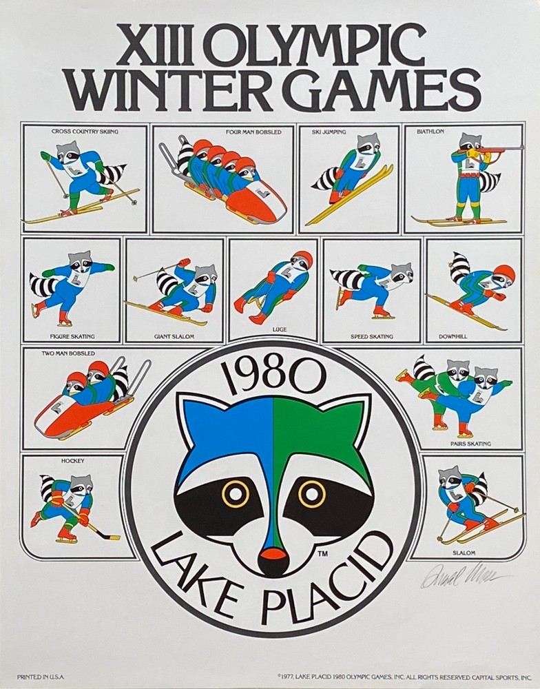 1980 Winter Olympics Poster -Lake Placid Raccoon -Signed by Artist Don Moss
