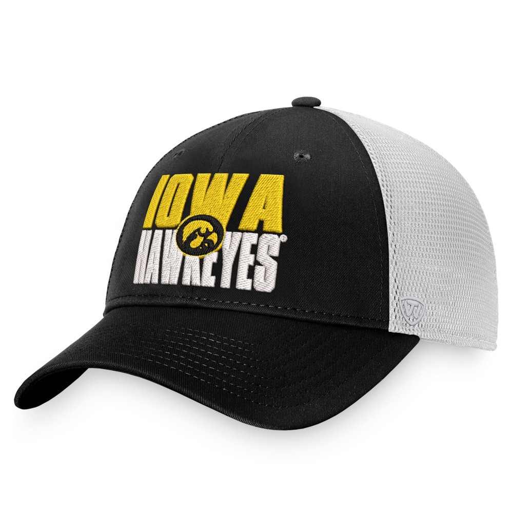 Men&rsquo;s Top of the World Black/White Iowa Hawkeyes Stockpile Trucker Snapback Hat
