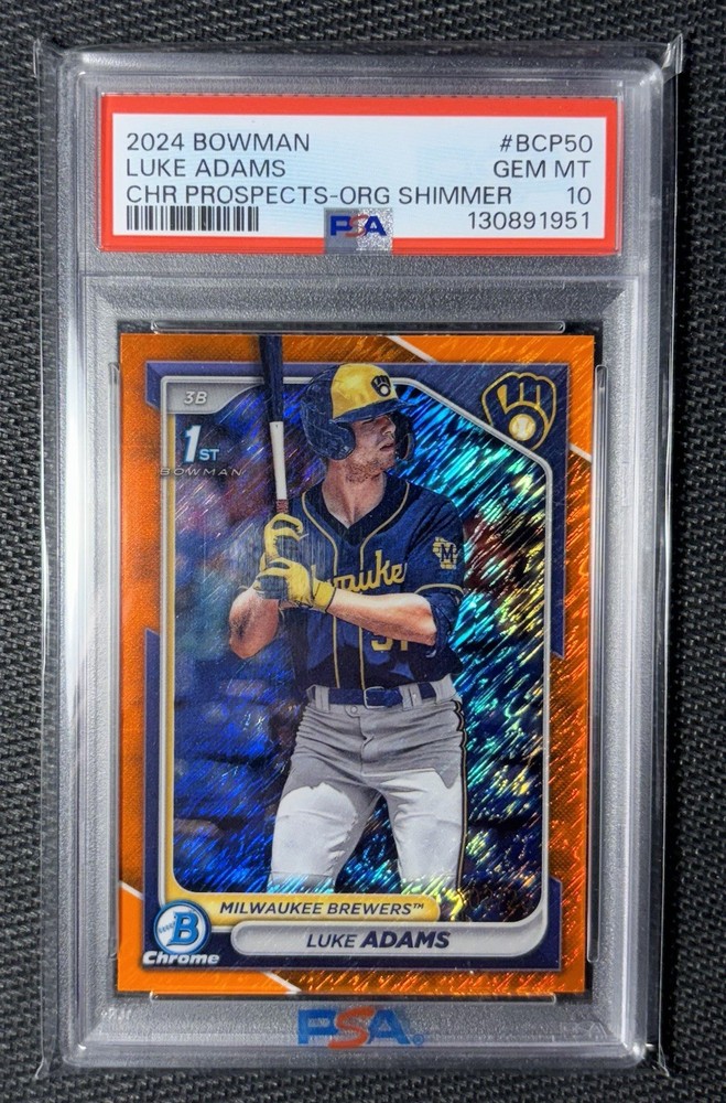 2024 Bowman Luke Adams 1st Orange Shimmer Refractor /25 #BCP-50 Psa 10