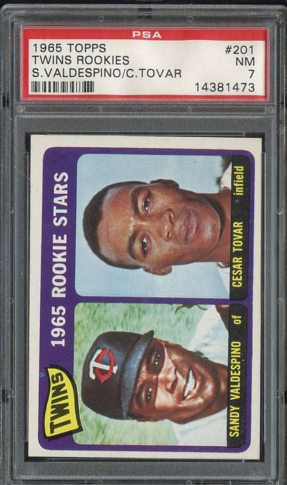 1965 TOPPS #201 SANDY VALDESPINO/CESAR TOVAR PSA 7 (RC) TWINS ROOKIES *B65316