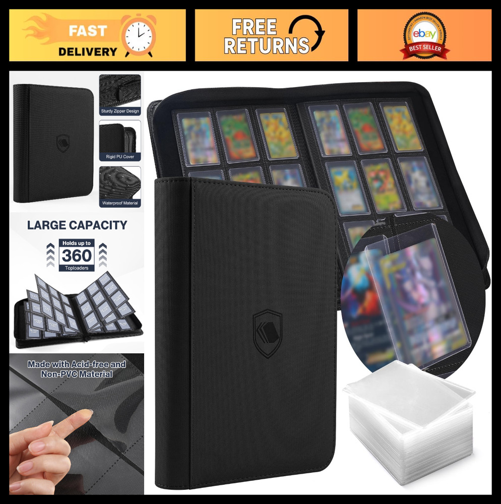 360-Card Toploader Binder with 100 Toploaders, 9-Pocket PU Cover, Ringless Desig