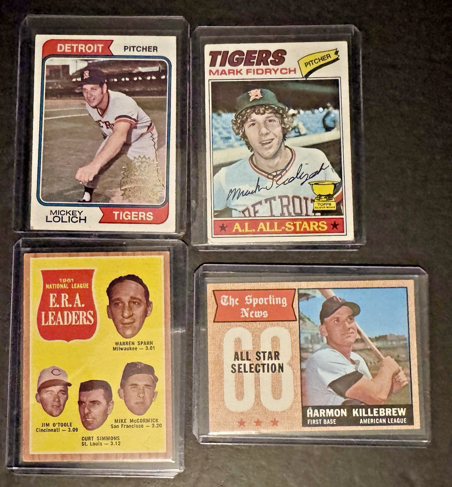 Topps Vintage Lot 4 Cards 1962‑1977 Fidrych Rookie Lolich Killebrew Spahn Era