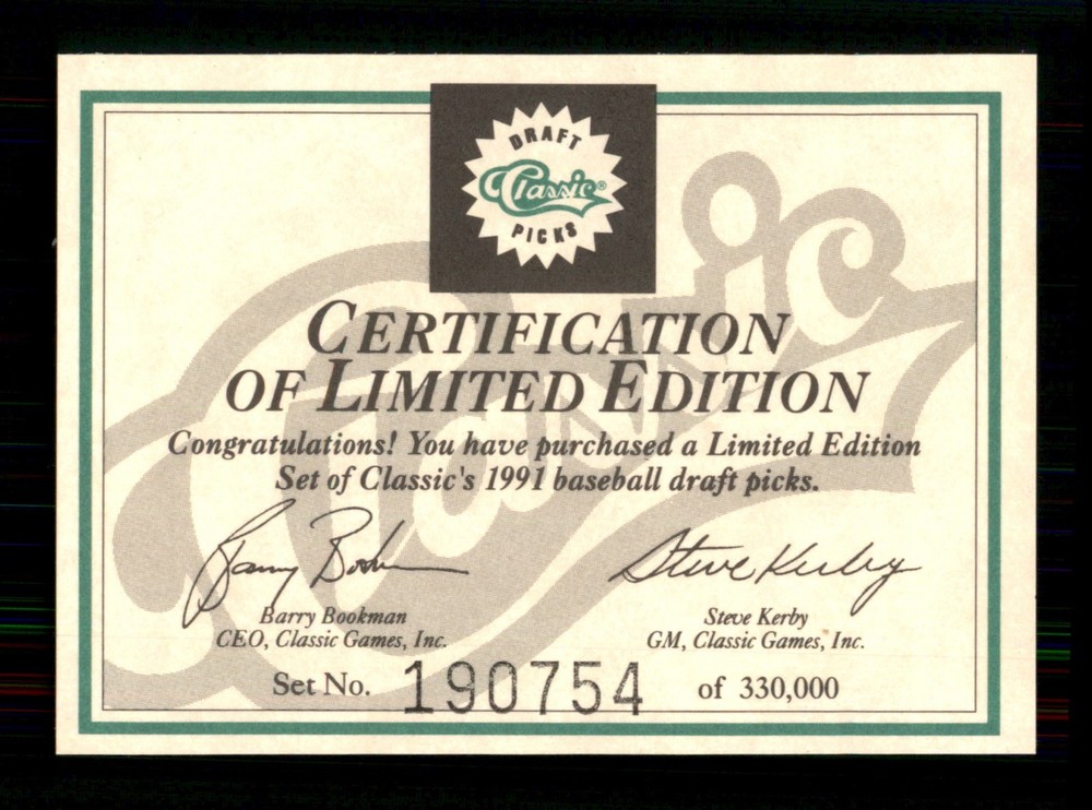 190754 Checklist Certification 1991 Classic Games Baseball Sports Trading Card