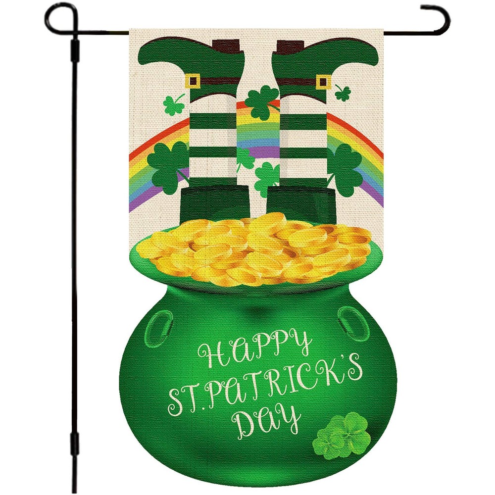 St. Patrick&rsquo;s Day Garden Flag 12.8×18.8&Prime; Green Gold Coin Pot Yard Flag Double-
