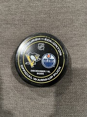 LEON DRAISAITL 1,000th NHL Point Game Warmup Used Puck 12/16/25 Oilers Pens