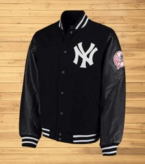 NY Yank-ees Black Wool and Leather Sleeves Varsity Bomber Jacket For Men