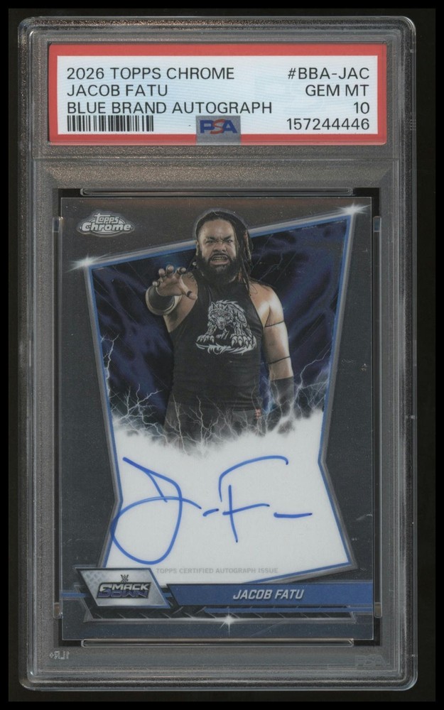 2026 Topps Chrome WWE Jacob Fatu Blue Brand Autographs – PSA 10