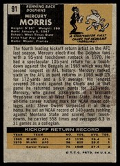 1971 Topps Football Mercury Morris RC Miami Dolphins #91 Card VG-EX
