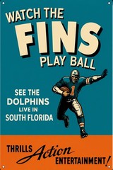 12x8in Metal Sign Vintage Miami Dolphins Watch The Fins Play Ball Poster Teal
