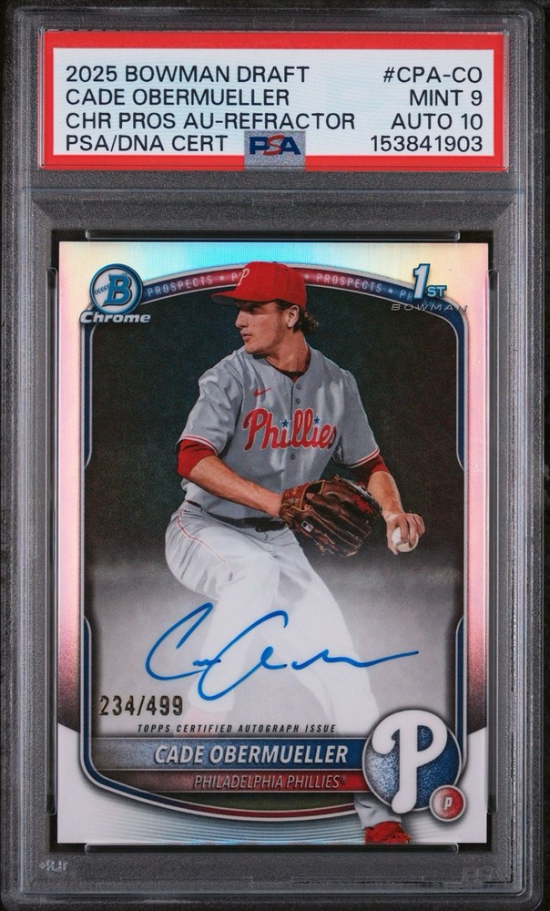 2025 Bowman Draft Chrome Cade Obermueller Refractor Auto /499 Dual PSA 9/10