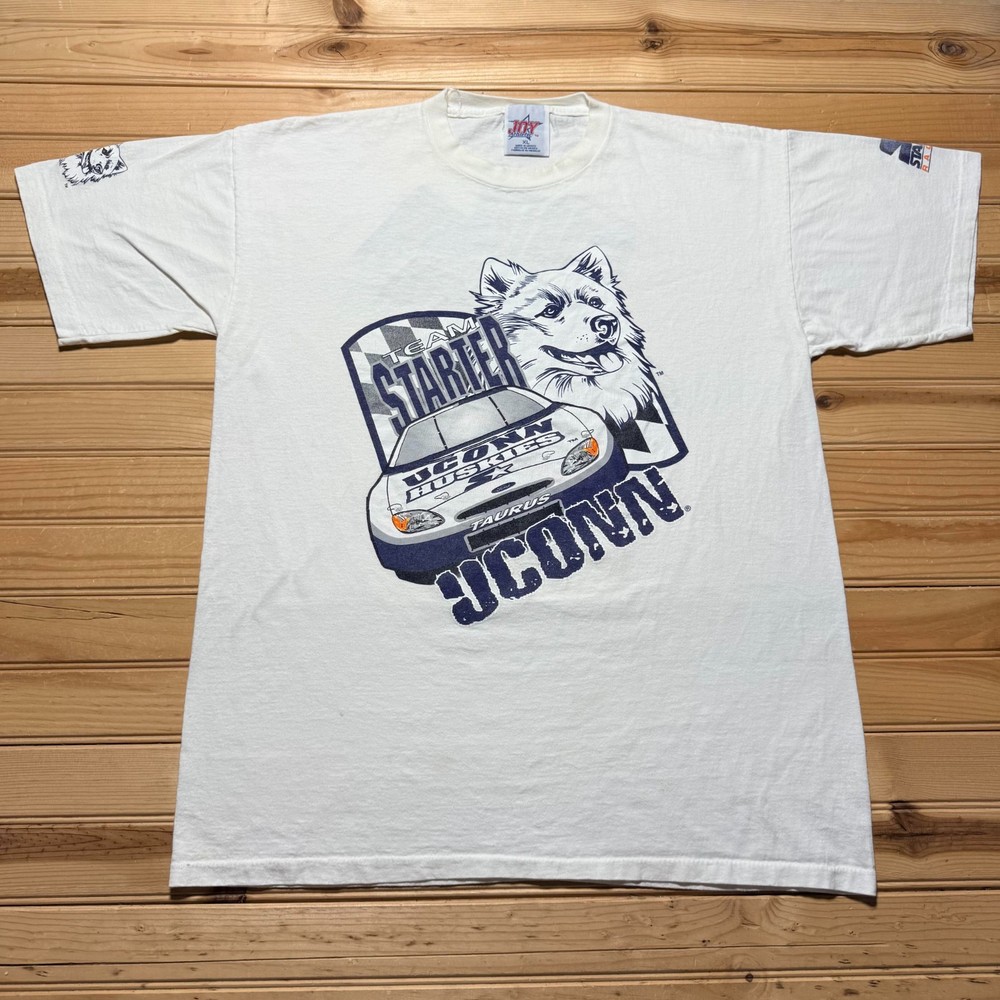 Vintage 90s UConn Huskies NCAA Team Starter Car Racing #98 Ford Taurus Shirt XL