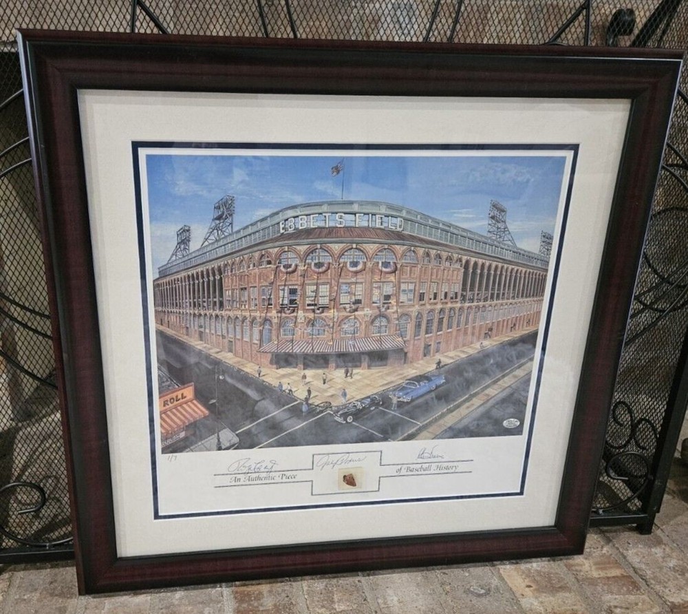 Ebbets Field Print w/ Brick, Signed Brooklyn Dodgers Craig, Podres, Labine, 1/7