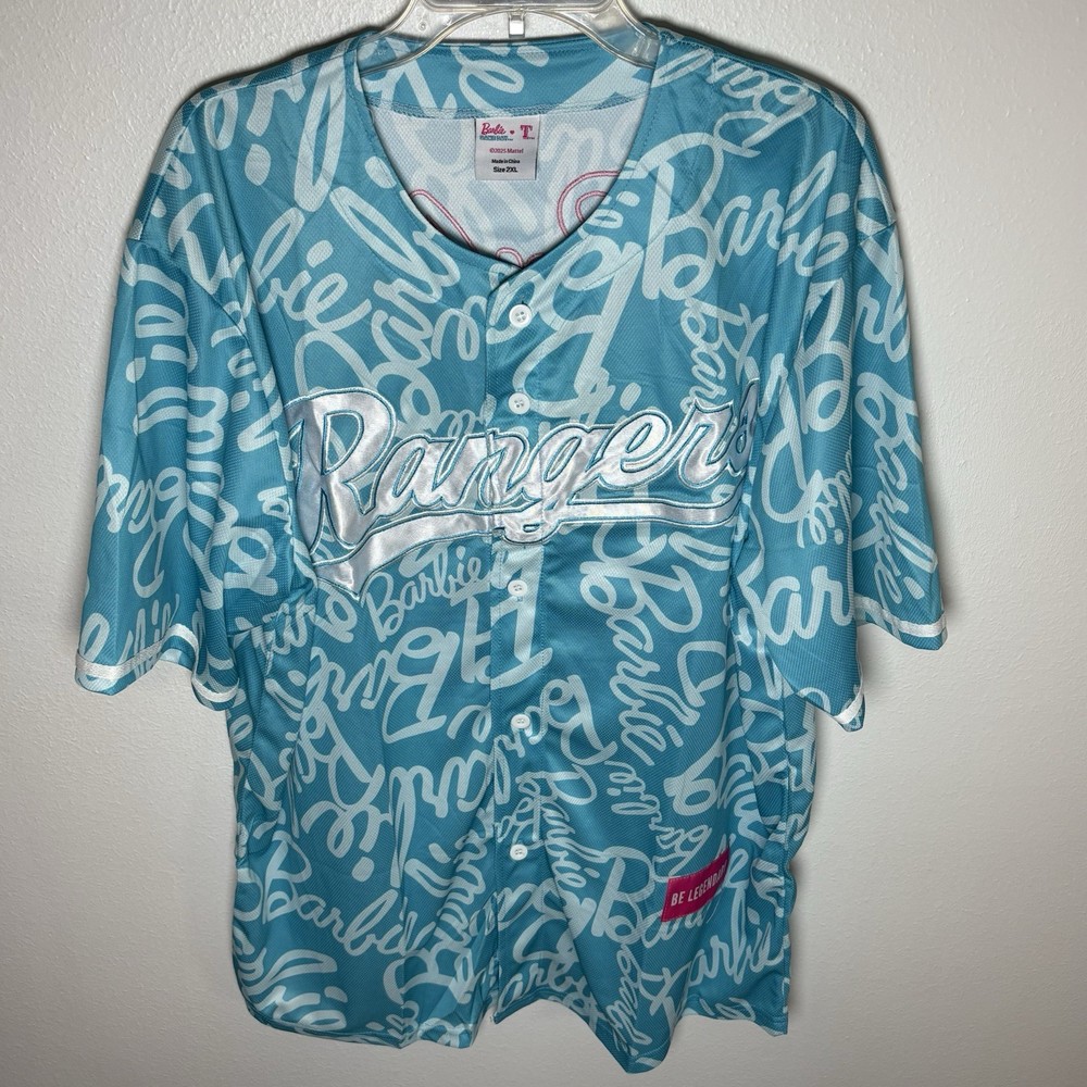 Texas Rangers X The Barbie Movie Mattel Baseball Jersey Blue MLB Size XXL