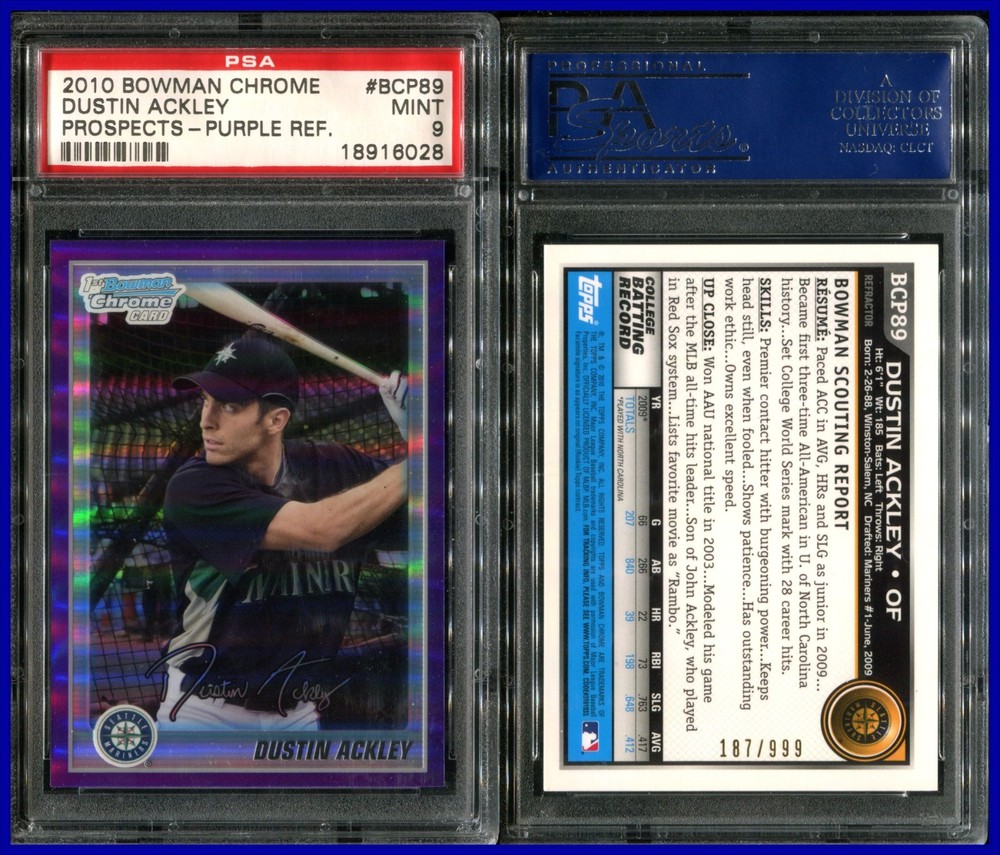 PSA 9 2010 Bowman Chrome Prospects Purple Refractor Dustin Ackley RC /999 POP3