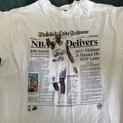 Vintage 1997 Karl Malone Fruit Of The LoomShirt XL Utah Jazz NBA Tribune 90s EUC