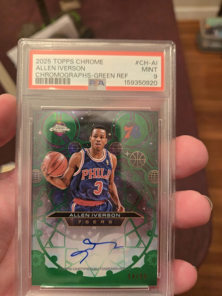 2025 Topps Chrome PSA 9Allen Iverson Chromographs Green Refractor/99 Auto 76ers