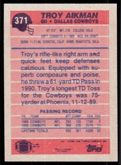Troy Aikman, 1991 Topps, #371, Dallas Cowboys,