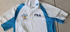 Vtg Fila Polo Shirt Pacific Life Open White And Blue XS embroidered Logos Womens