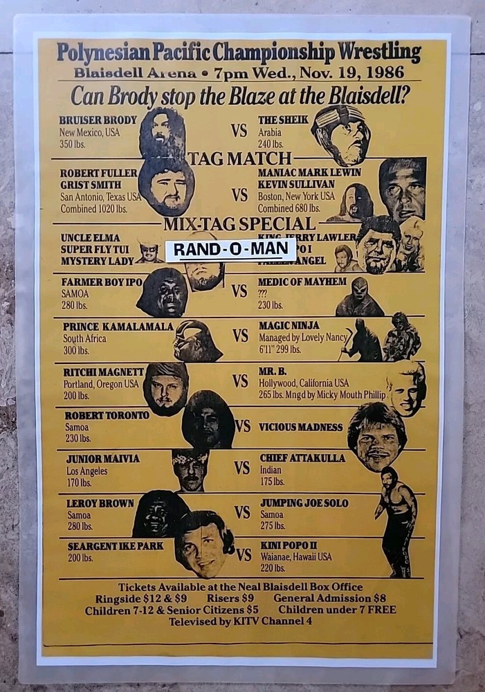 Polynesian Championship Wrestling Poster Bruiser Brody vs The Sheik