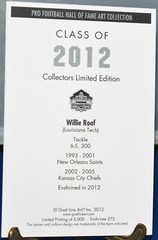 WILLIE ROAF AUTOGRAPHED GOAL LINE ART CARD NEW ORLEANS SAINTS HOF 2012