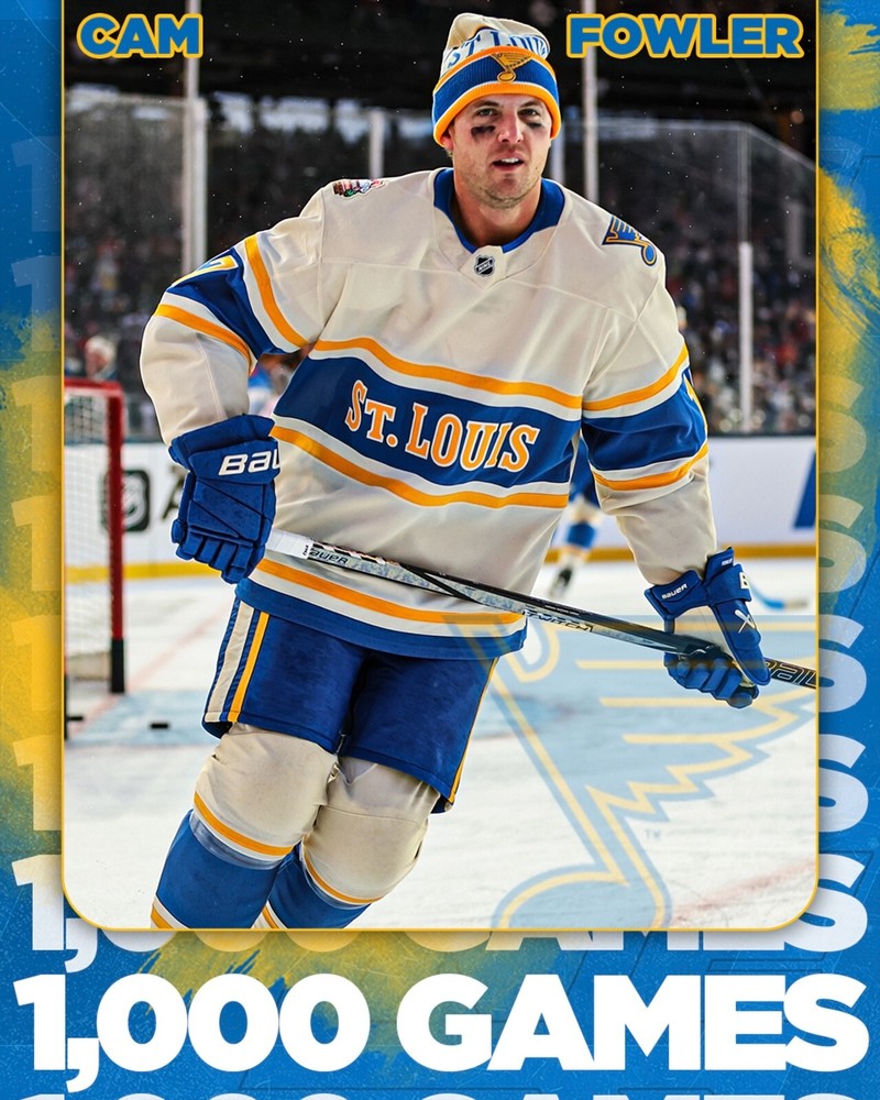 Cam Fowler 1000 Games 2025 Winter Classic St Louis Blues 8×10 NHL Hockey Photo