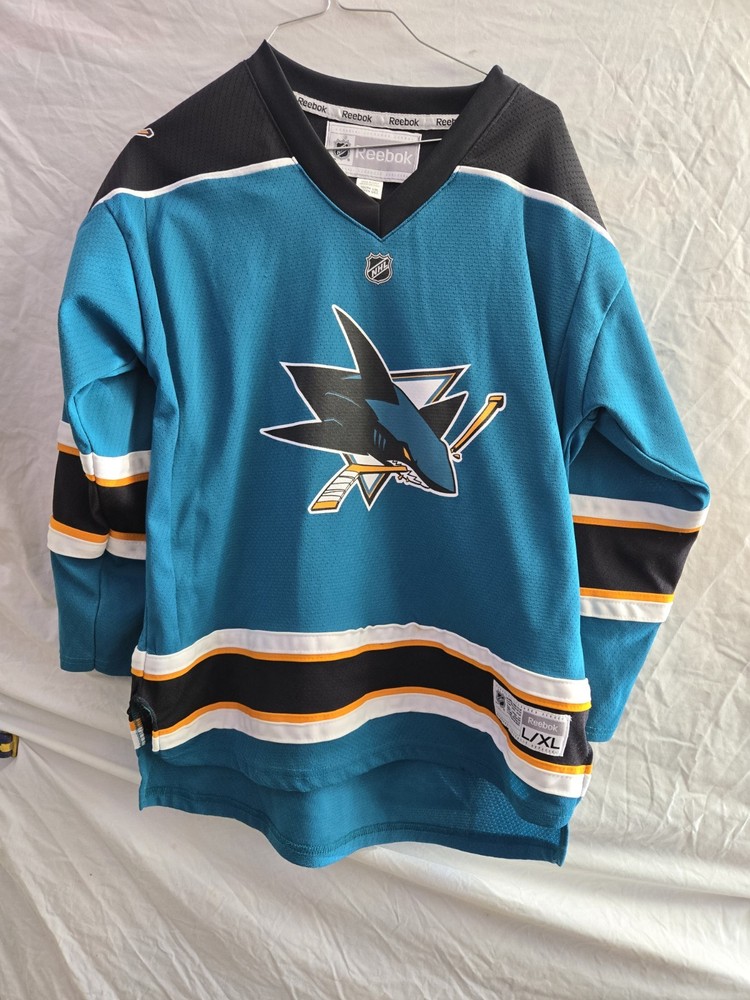 Reebok NHL San Jose Sharks Youth L/XL Hockey Jersey Teal Black White Gold