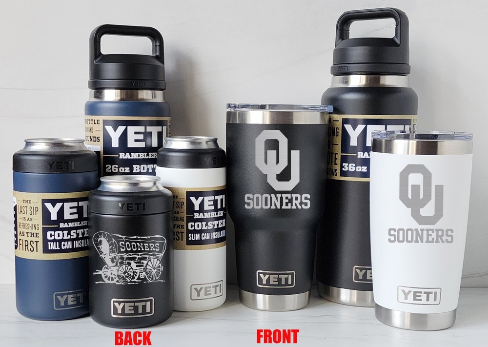 OKLAHOMA SOONERS YETI Laser Engraved Tumblers, Can Colsters, and Chug Bottles