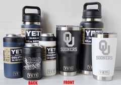 OKLAHOMA SOONERS YETI Laser Engraved Tumblers, Can Colsters, and Chug Bottles