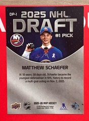 2025-26 Upper Deck MVP #DP-1 Matthew Schaefer #1 Draft Pick SSP