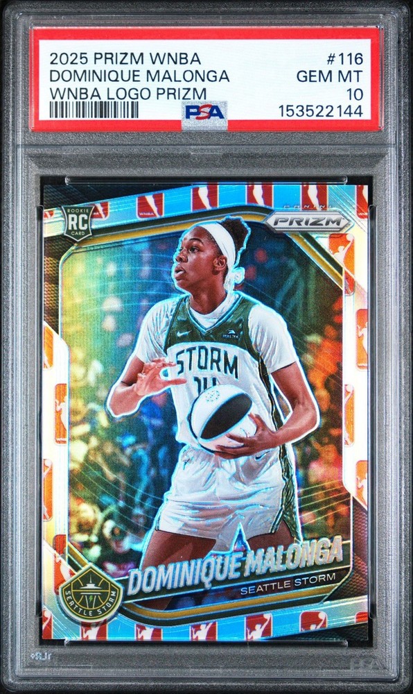 2025 PANINI PRIZM WNBA WNBA LOGO PRIZM #116 DOMINIQUE MALONGA ROOKIE RC PSA 10