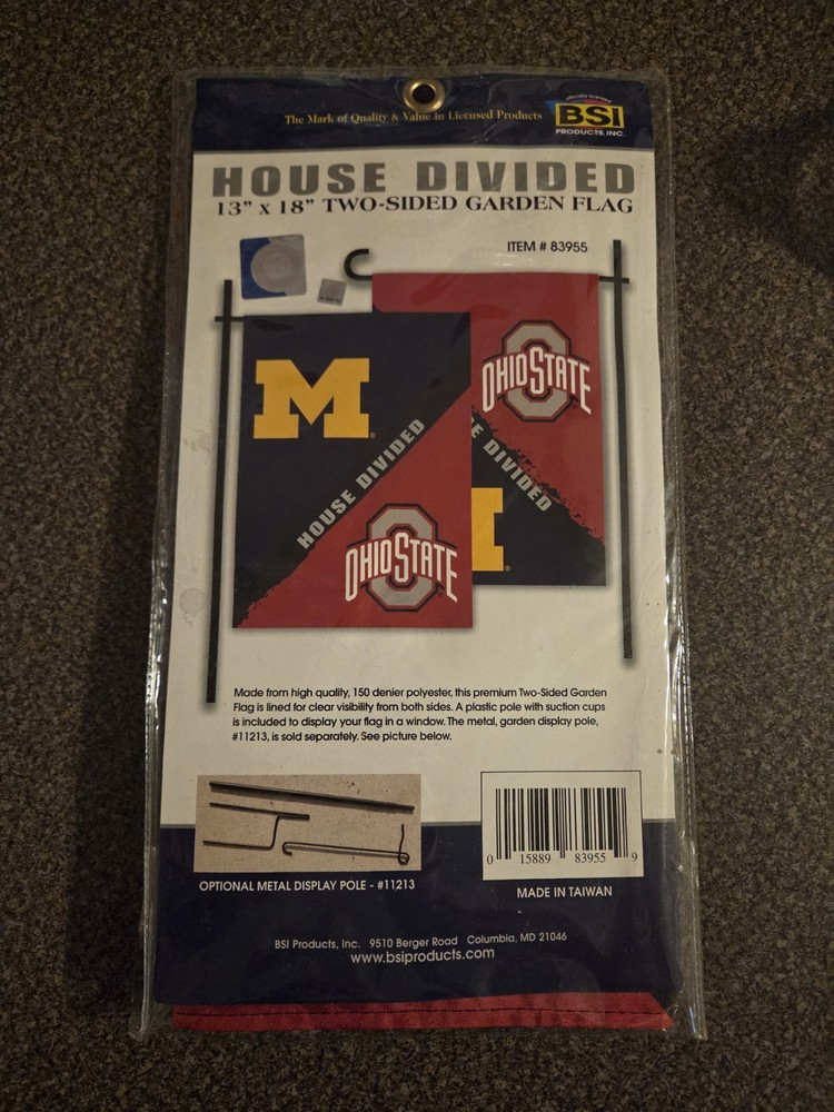 House Divided Ohio State Vs Michigan 13 × 18 Garden Flag Kit. New In Package