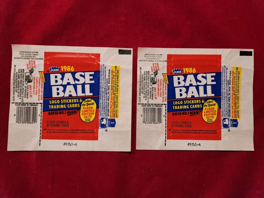 ⚾NICE! 2 LOT / Set of 1986 FLEER Baseball Wax Pack WRAPPERS Wrapper 4.3⚾