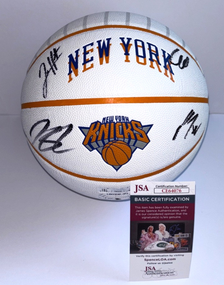 2026 NEW YORK KNICKS TEAM SIGNED LOGO BASKETBALL OG ANUNOBY KAT HART BRIDGES JSA
