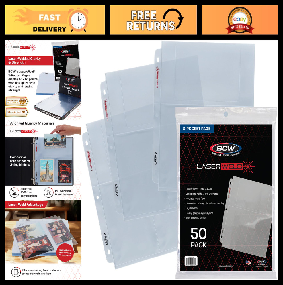3-Pocket 4×6 Photo Sleeves for 3 Ring Binder | Archival Refill Pages | 50 Pack