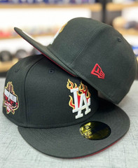 MLB New Era Los Angeles Dodgers LA Flames Patch Black Fitted Hat 59Fifty RARE