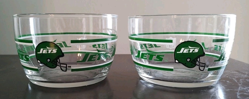 Pair of 2 Vintage New York Jets Glass Snack Bowl Libbey NFL Football