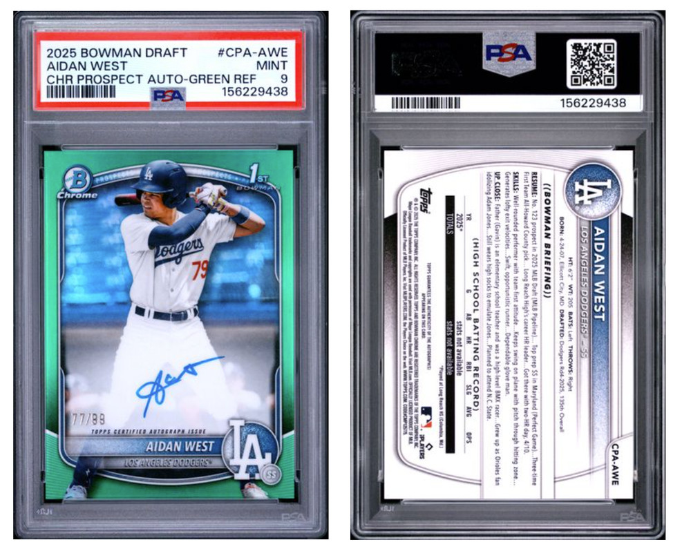 2025 BOWMAN DRAFT CHROME PROSPECT AUTOGRAPHS #CPA-AWE AIDAN WEST GREEN /99 PSA9