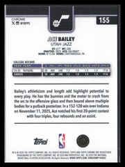 Ace Bailey Rookie Base #155 2025-26 Topps Chrome Update Utah Jazz