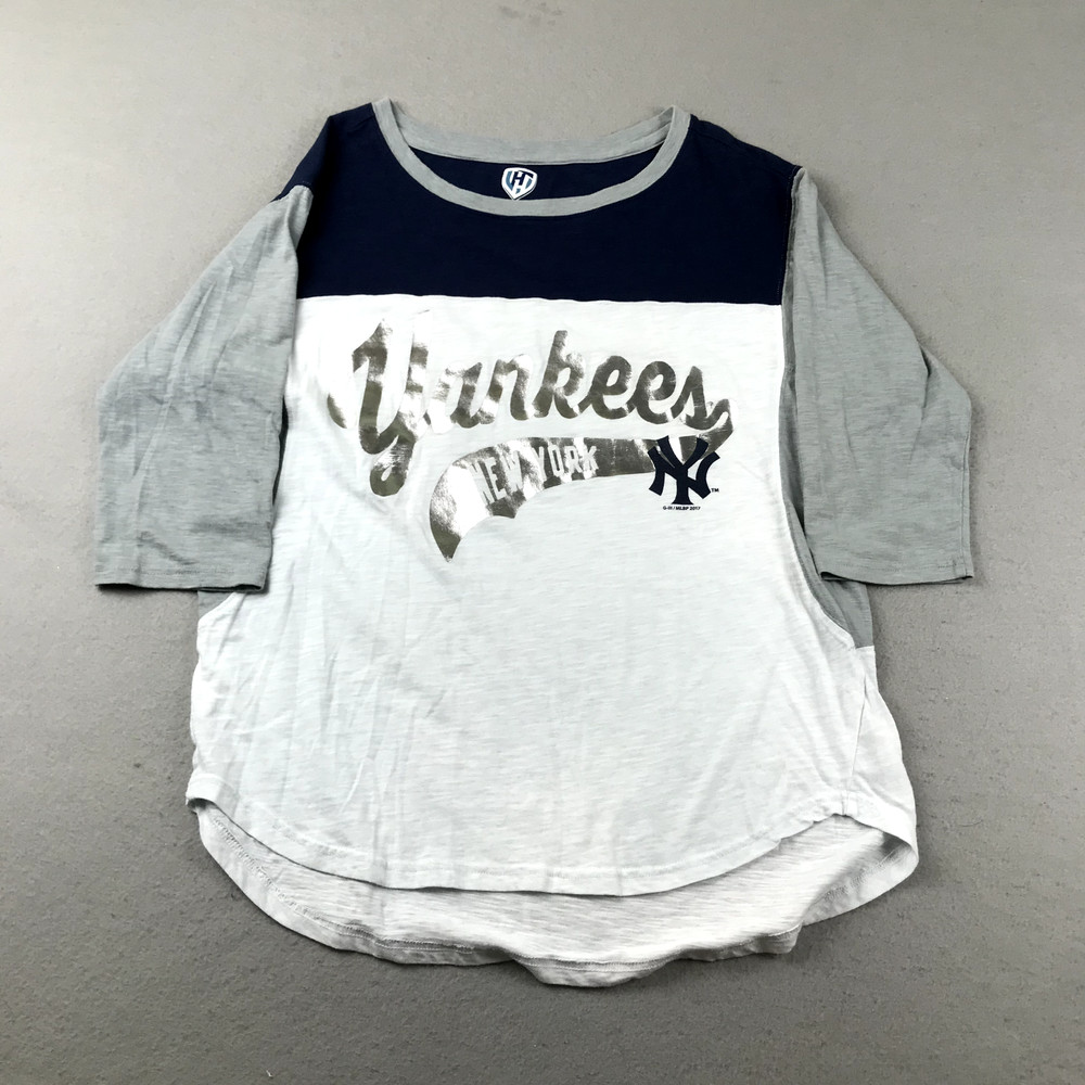 New York Yankees Shirt Womens Large Blue White 3/4 Sleeves MLB Baseball Tee Top