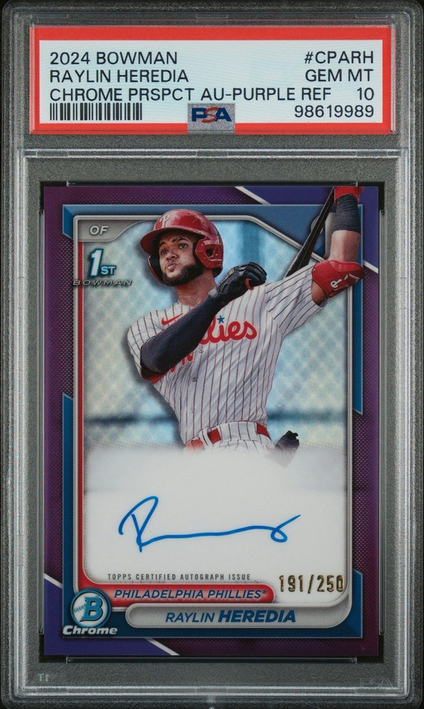 🔥2024 Bowman Chrome Raylin Heredia 1st Purple Refractor Auto /250 PSA 10 💎