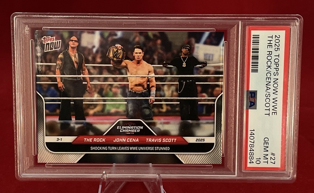 2025 Topps Now WWE #27 The Rock/John Cena/Travis Scott PSA GEM MT 10