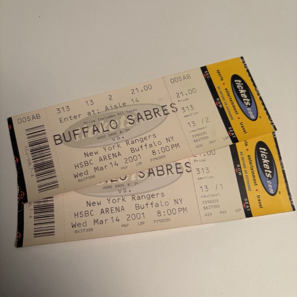 Sabres Vs NY Rangers Ticket Stub March 14, 2001 – DOMINIK HASEK WIN – Pair Of 2
