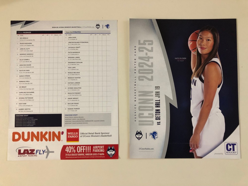 2024-25 KAITLYN CHEN UCONN HUSKIES WOMENS B&rsquo;BALL ROSTER CARD / BUECKER&rsquo;S RECORD