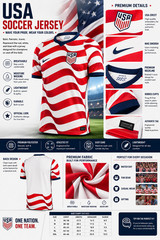 USA Soccer Jersey Red White Patriotic Wave Pattern Football Fan Shirt Moisture