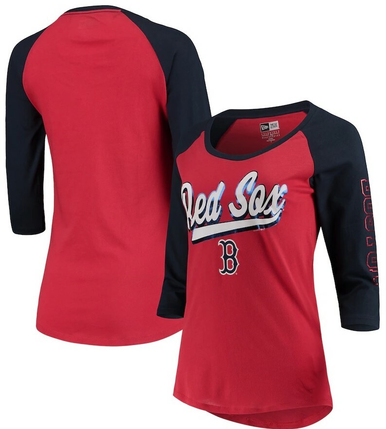 Boston Red Sox New Era Womens Foil 3/4 Sleeve Raglan Red and Navy T-Shirt