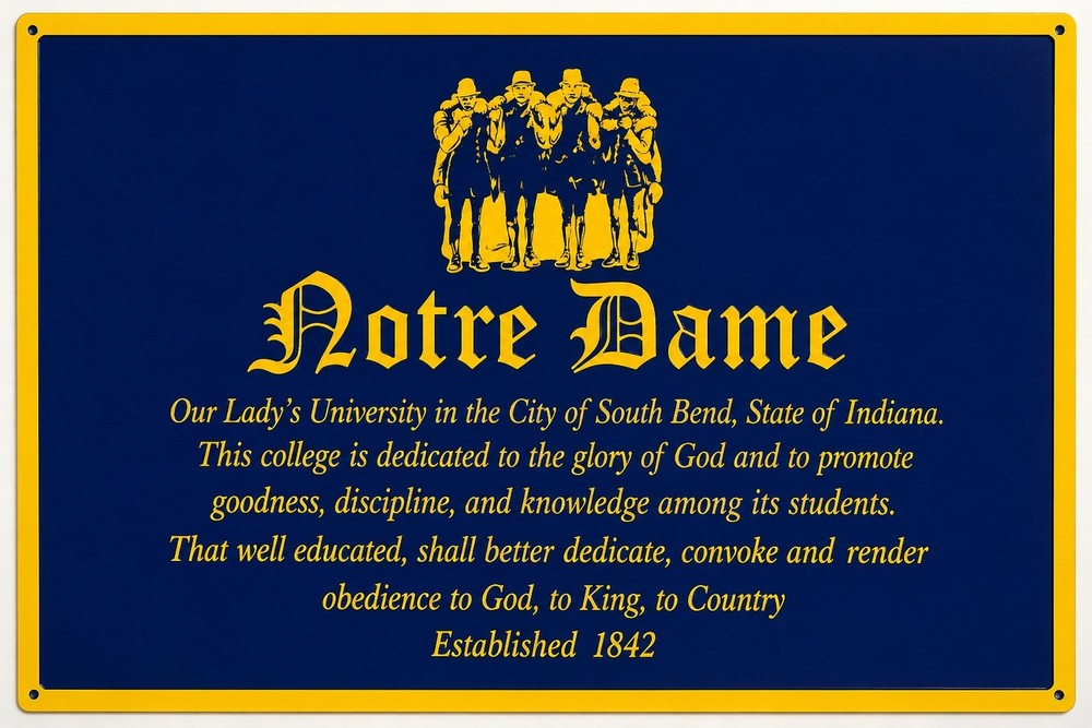 Notre Dame University Metal Wall Sign Blue Yellow Plaque Established 1842 Coll