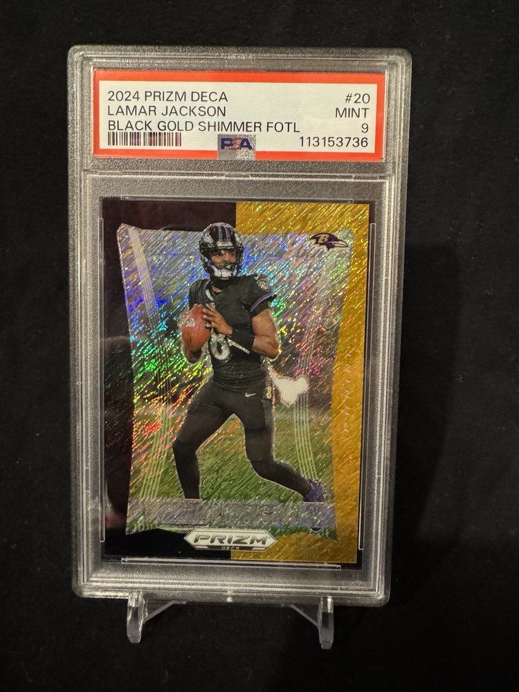 Panini Prizm Deca Lamar Jackson #20 Black Gold Shimmer Prizm /8 PSA Ravens