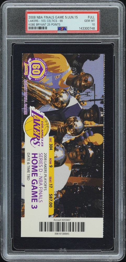 PSA GEM MINT 10 – KOBE BRYANT NBA FINALS 2008 CELTICS @ LAKERS FULL TICKET GM#5