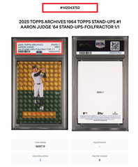 2025 Topps Archives Aaron Judge &rsquo;64 Stand Ups Foilfractor Superfractor 1/1 PSA 9