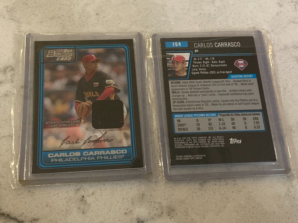 CARLOS CARRASCO 2006 BOWMAN GAME WORN JERSEY PHILADELPHIA PHILLIES CARD #FG4